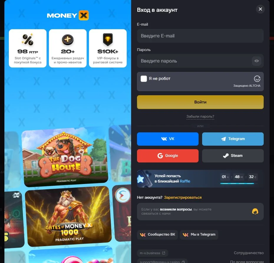 Форма входа Money X с кнопками VK, Telegram, Google и Steam